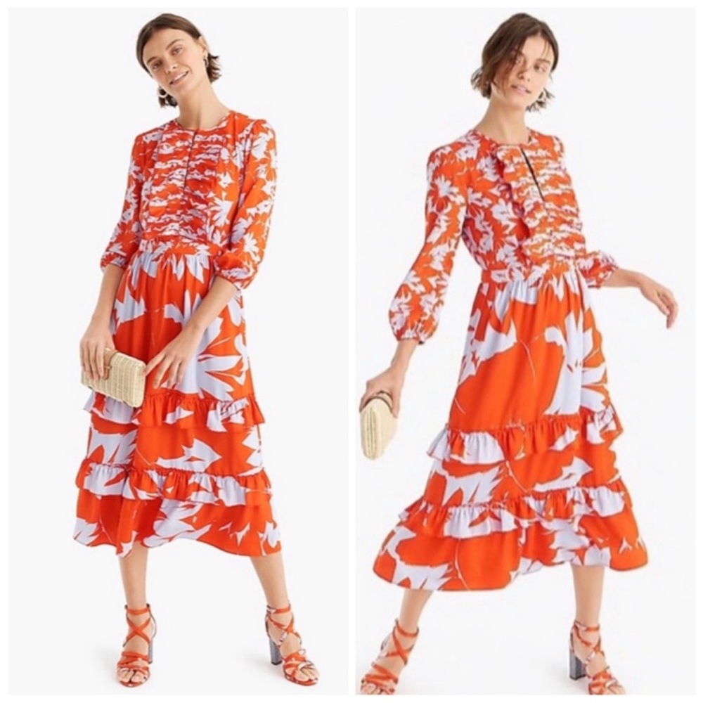 J. Crew Orange (coral) and Blue Floral Long Sleeve Dress